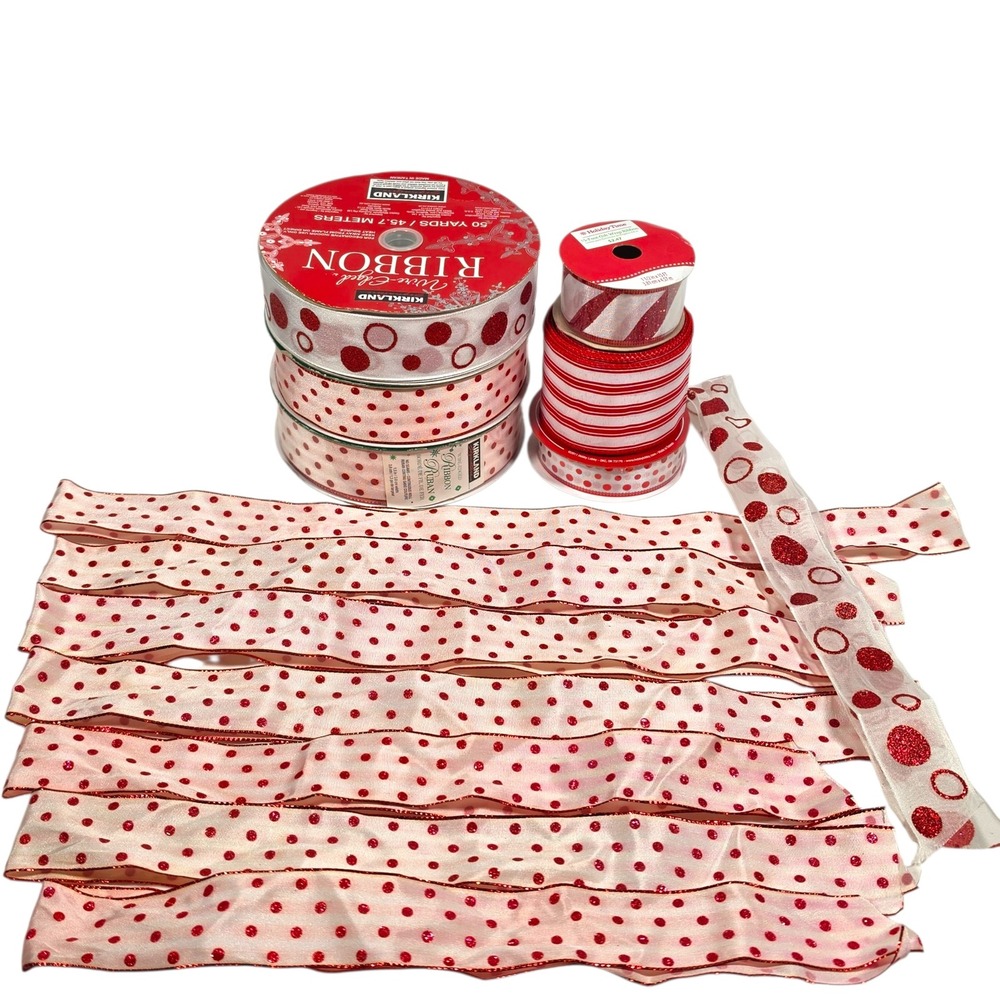 Christmas Wire Edged Ribbon Lot 6 Spools 142 Yds Red White Polka Dots Striped